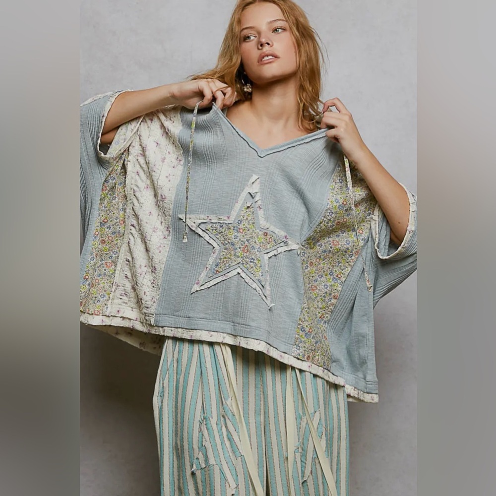 154. Starry Night, Lace contrast floral star patch knit top, Blue, various size